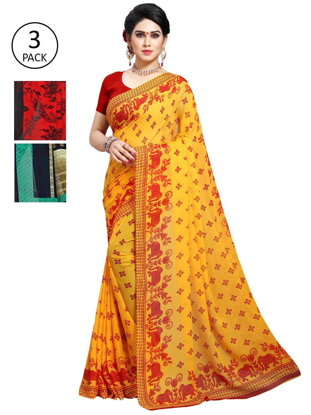 

KALINI Pack Of 3 Poly Georgette Printed Sarees, Yellow