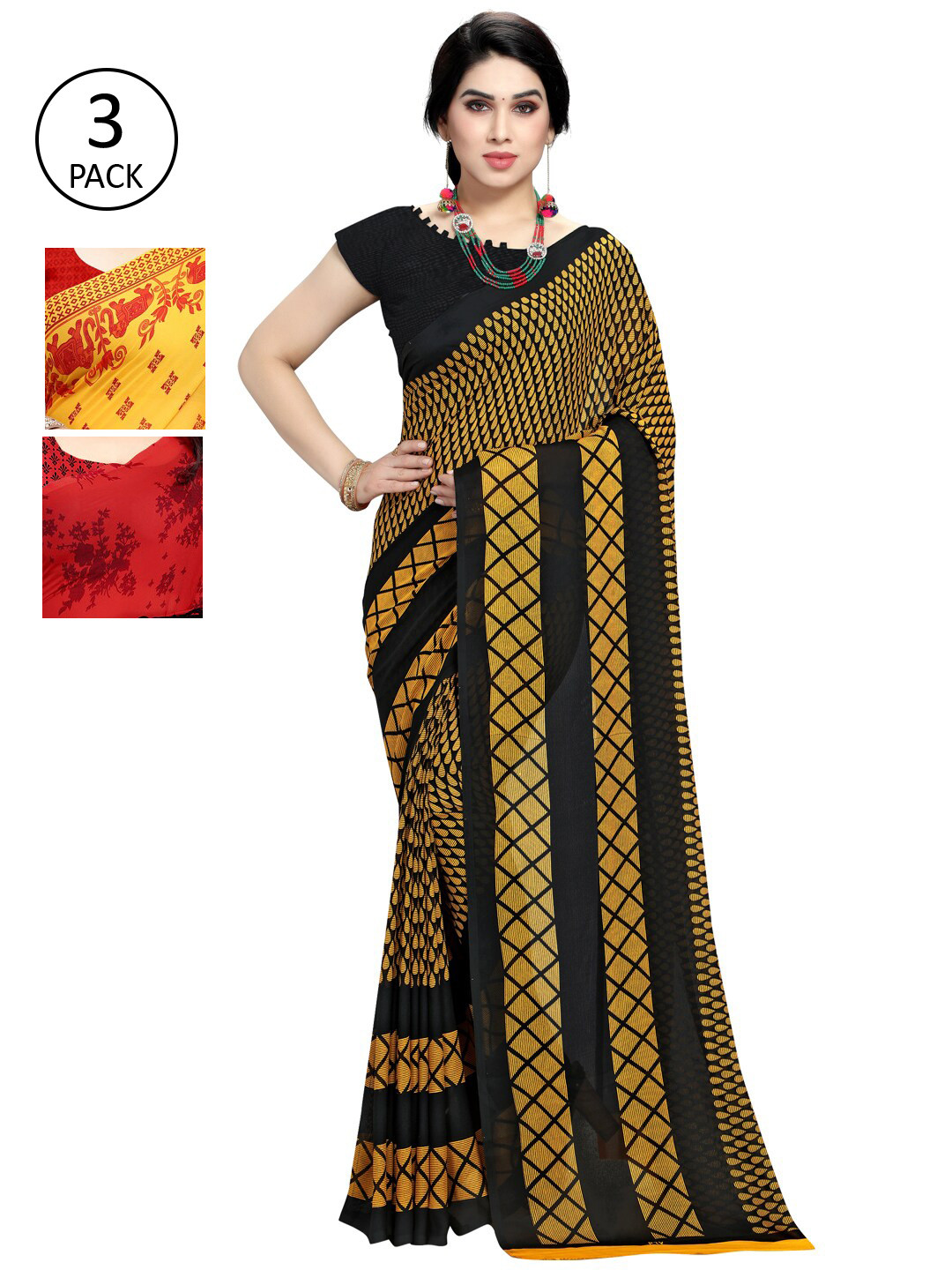 

KALINI Pack Of 3 Multi Printed Sarees, Red