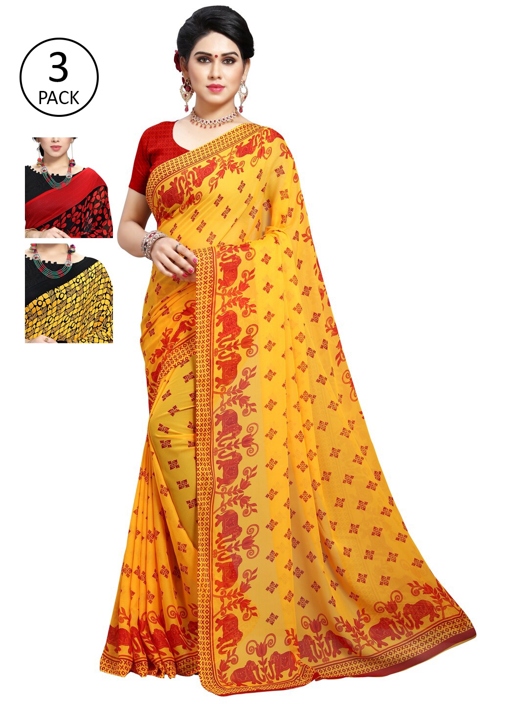 

KALINI Pack of 3 Printed Poly Georgette Saree, Multi