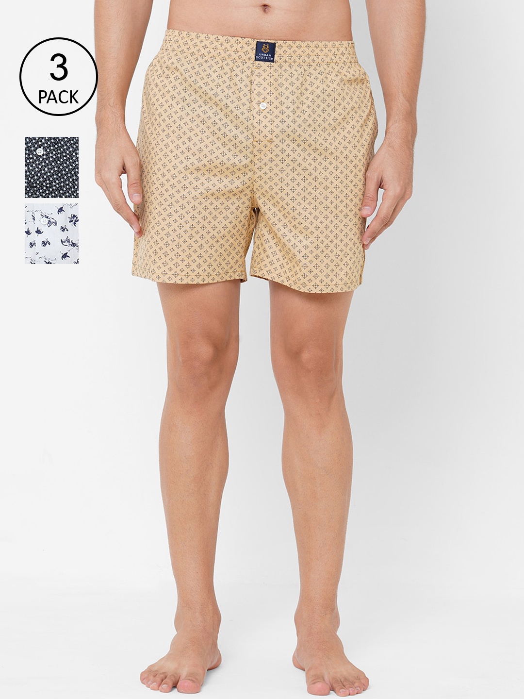 

URBAN SCOTTISH Men Printed Pure Cotton Boxers With Side Pocket Pack Of 3, Beige