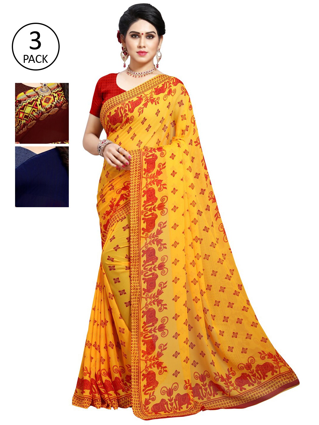 

KALINI Pack Of 3 Yellow & Maroon Saree