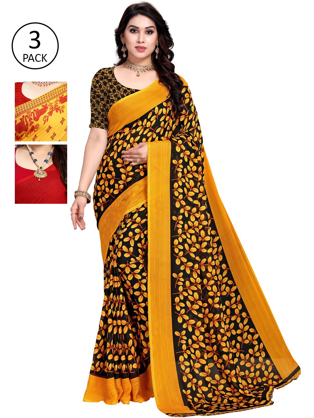 

KALINI Pack Of 3 Yellow & Red Poly Georgette Saree