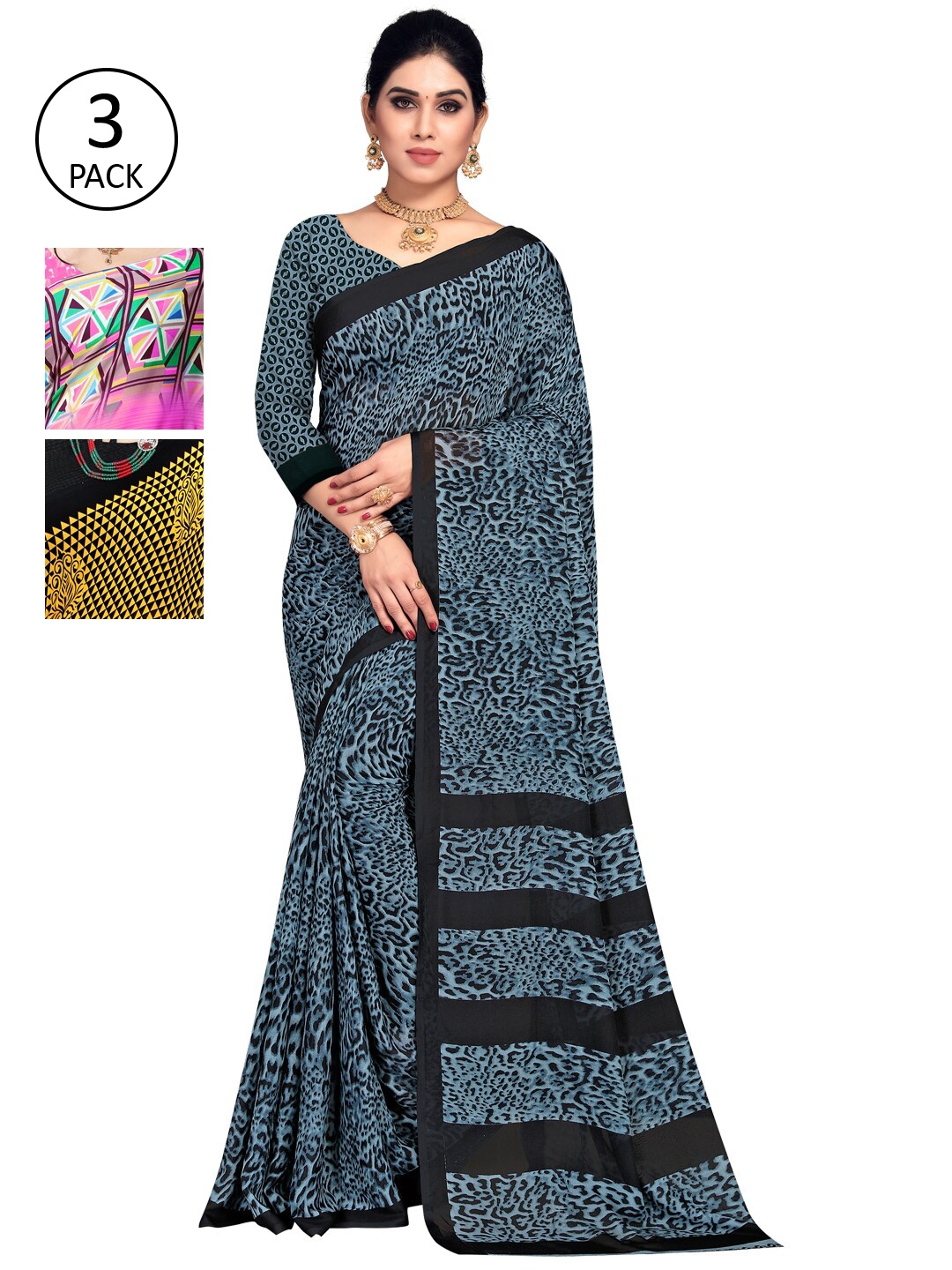 

KALINI Pink & Black Pack of 3 Saree