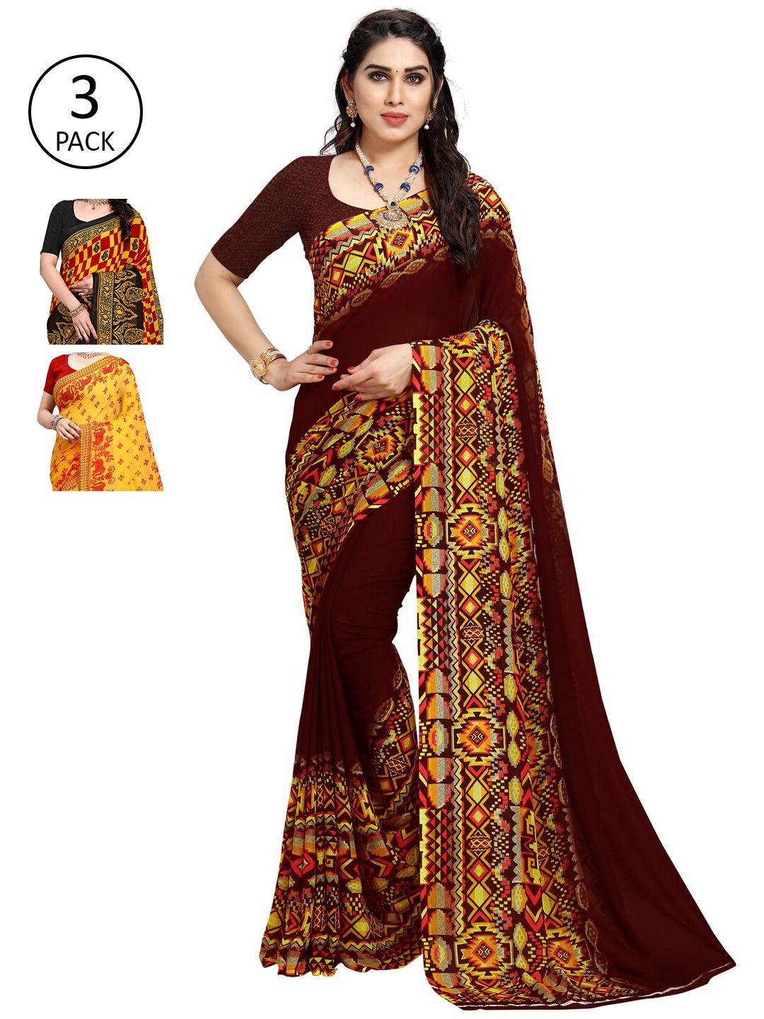 

KALINI Yellow & Maroon Pack Of 3 Poly Georgette Saree