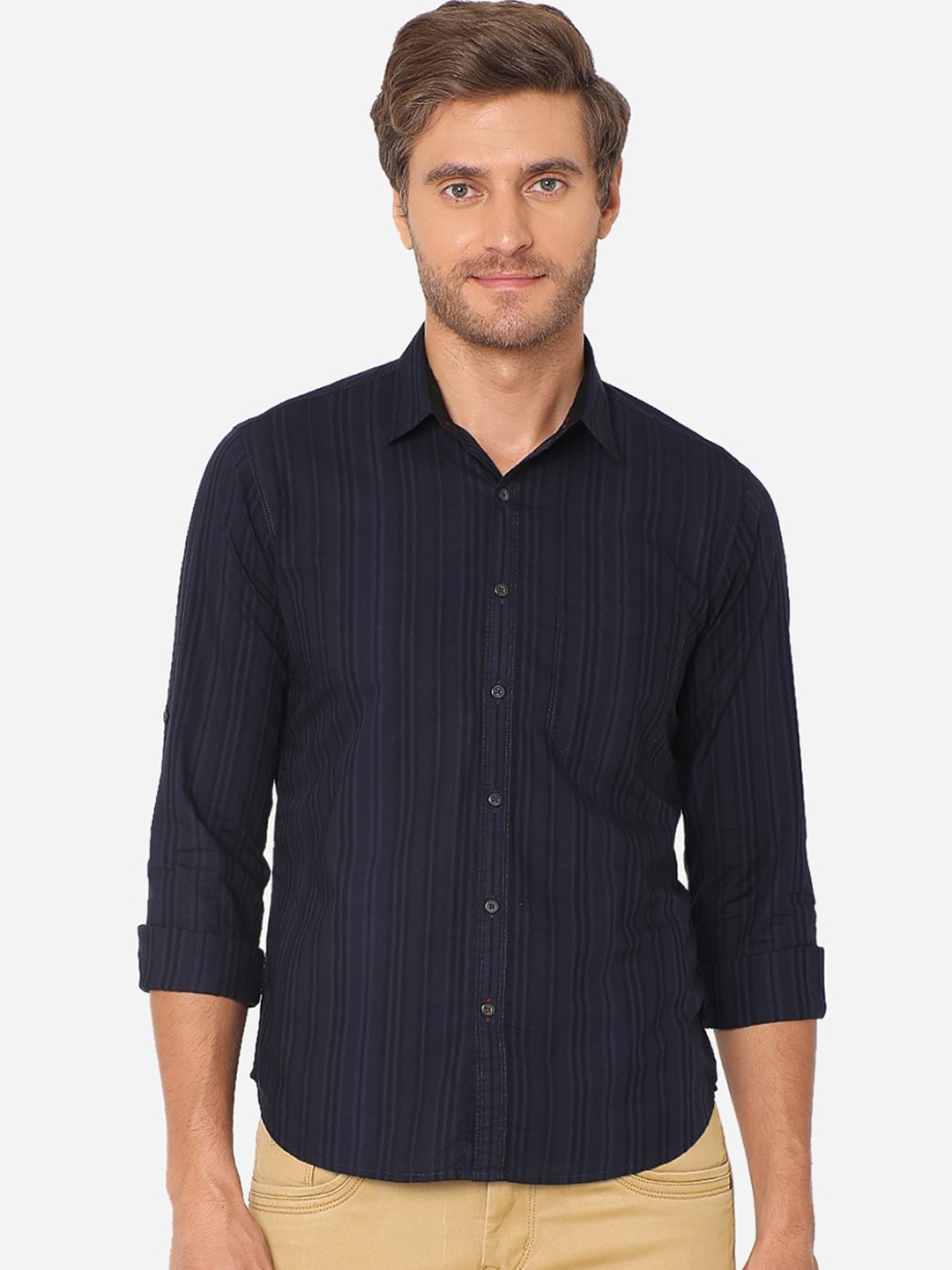 

Greenfibre Men Navy Blue Slim Fit Striped Casual Shirt