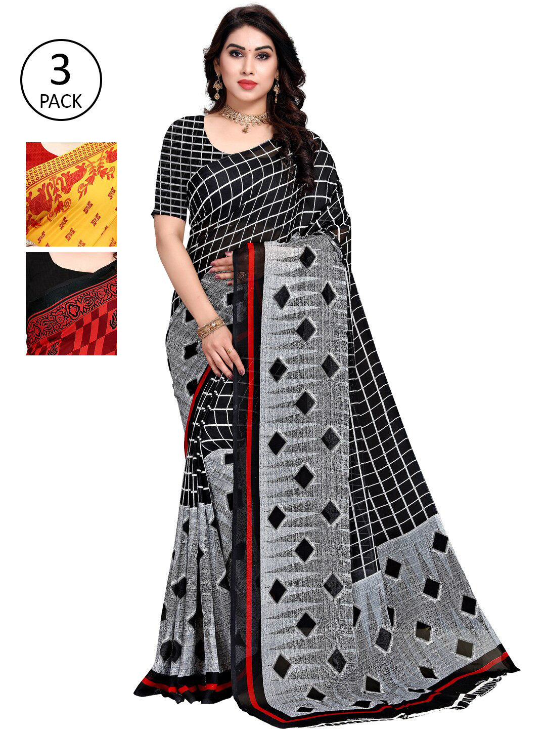 

KALINI Women Pack of 3 Multicoloured Ethnic Motifs Printed Saree, Multi