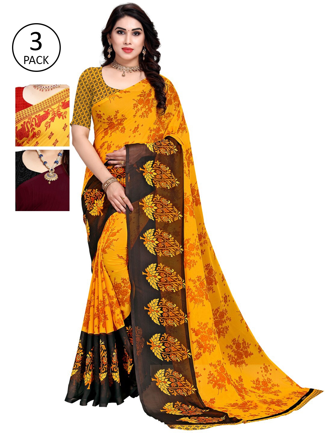 

KALINI Pack Of 3 Poly Georgette Printed Sarees, Yellow