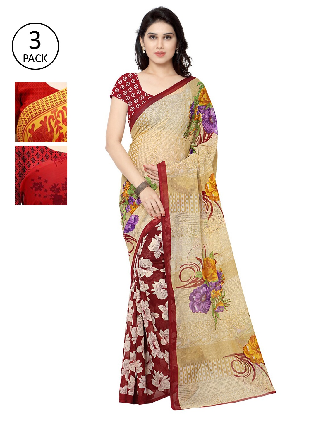 

KALINI Women Pack Of 3 Multi Printed Sarees, Beige
