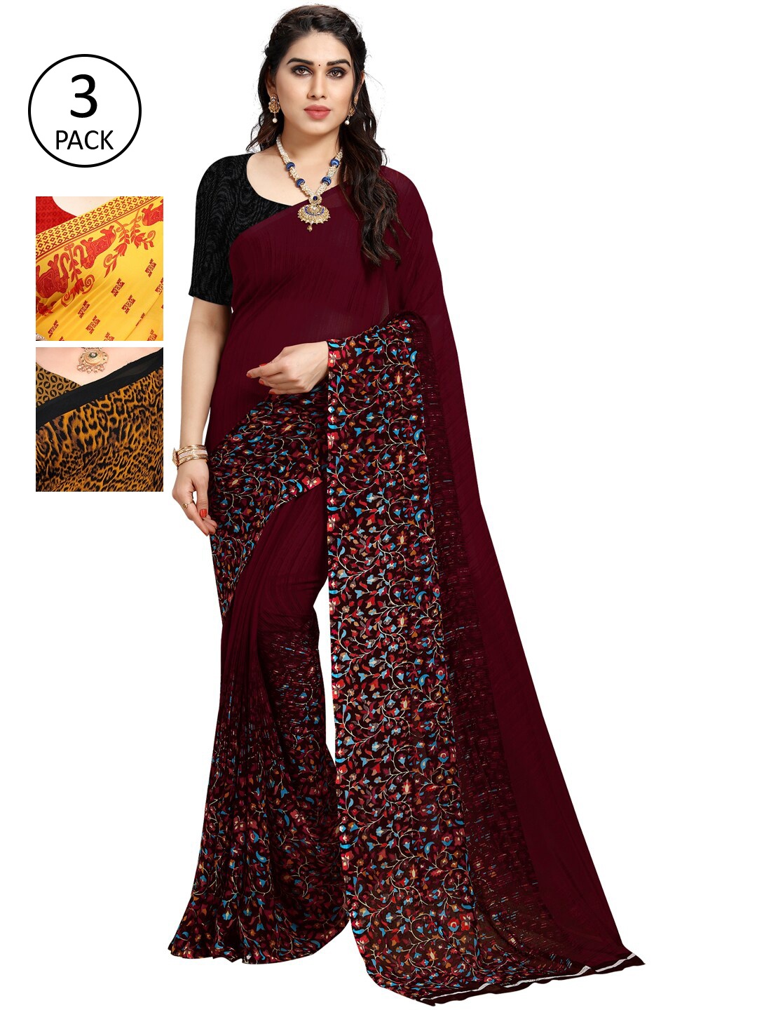 ANAND SAREES Pack of 3 Printed Poly Georgette Saree, Multi