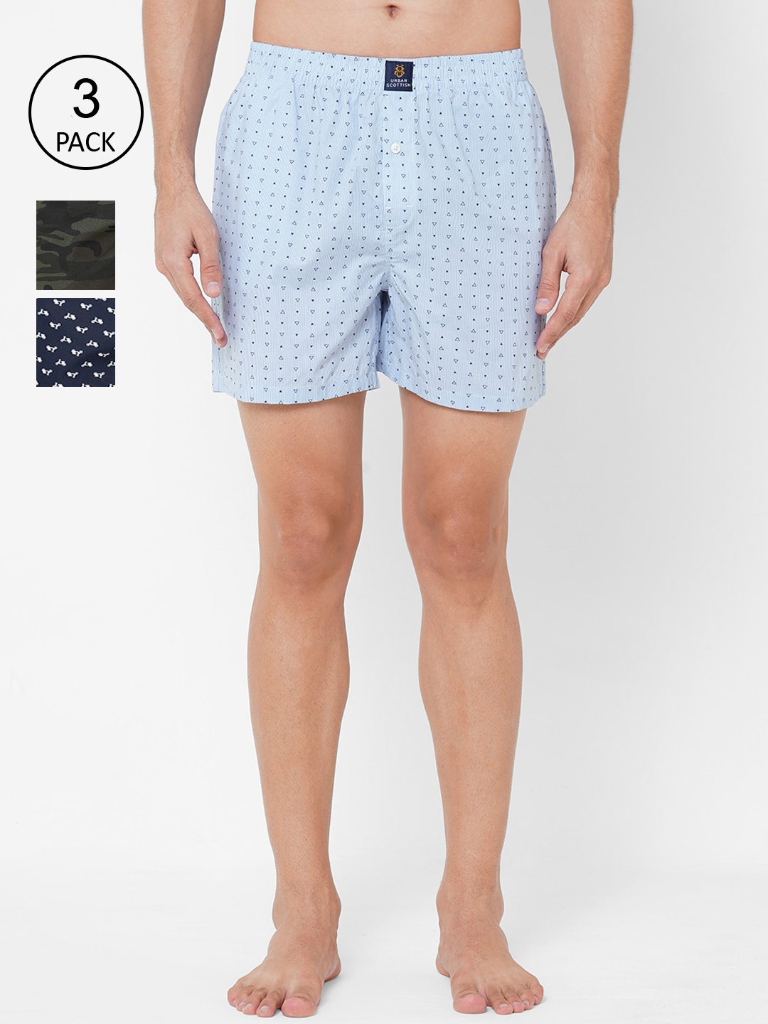 

URBAN SCOTTISH Men Pack Of 3 Printed Pure Cotton Boxers USBX2111-S, White