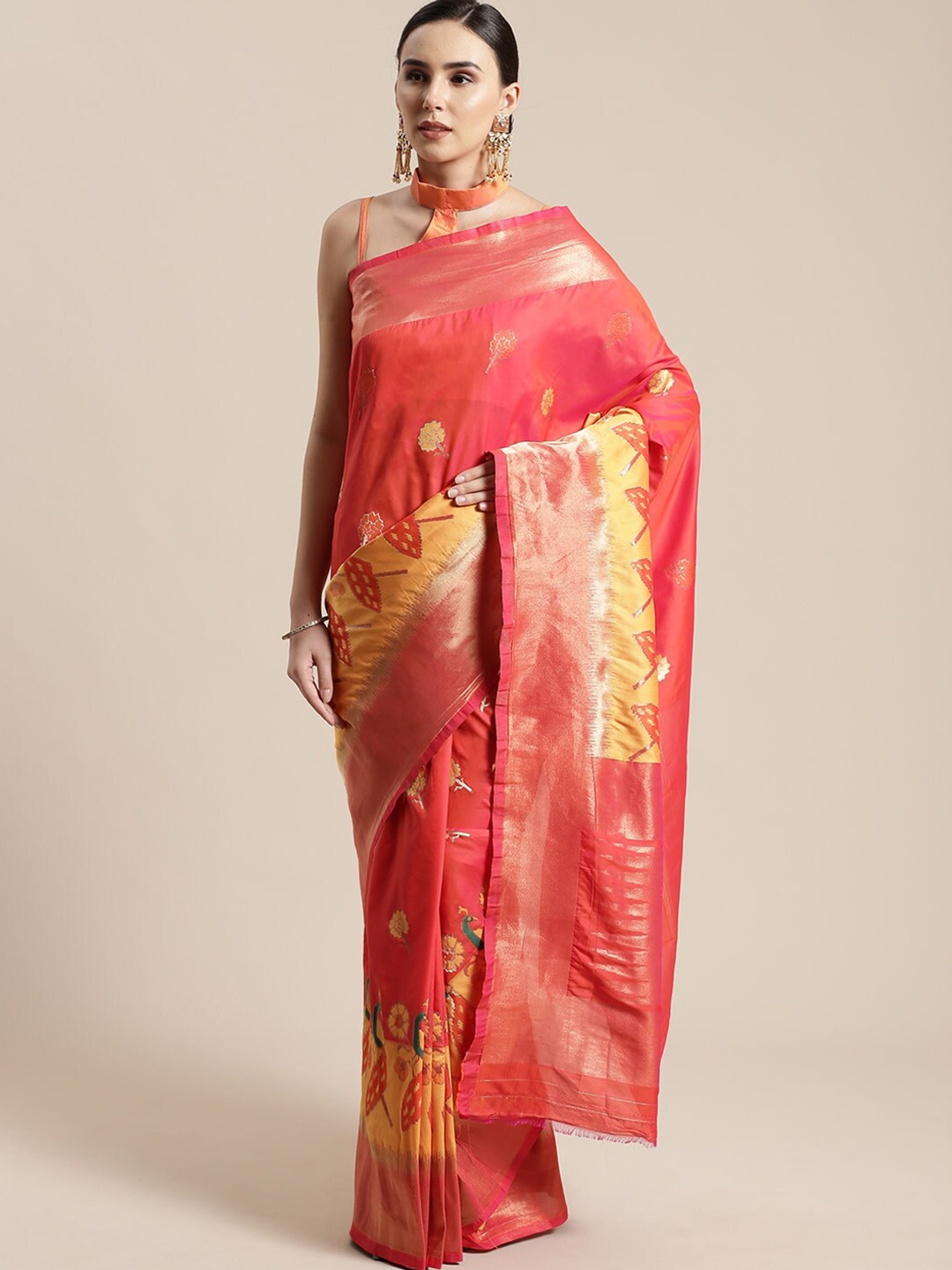 

Saree mall Peach-Coloured & Yellow Floral Silk Blend Sarees