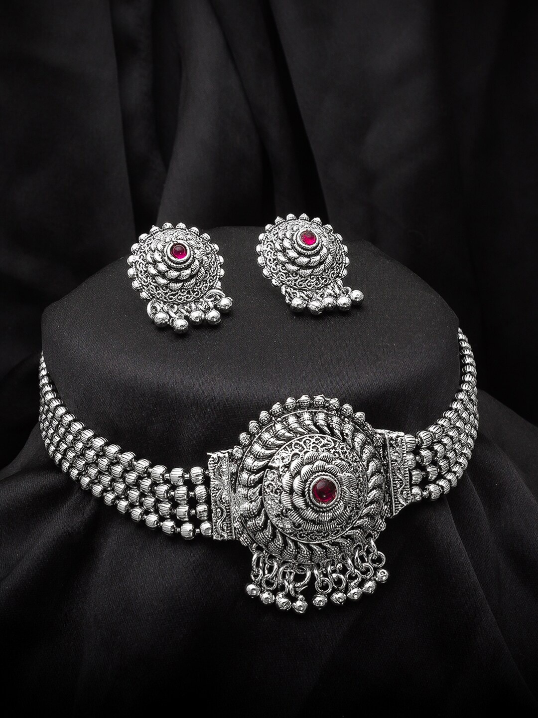 aadita Silver-Plated Stone-Studded Beaded Temple Jewellery Set
