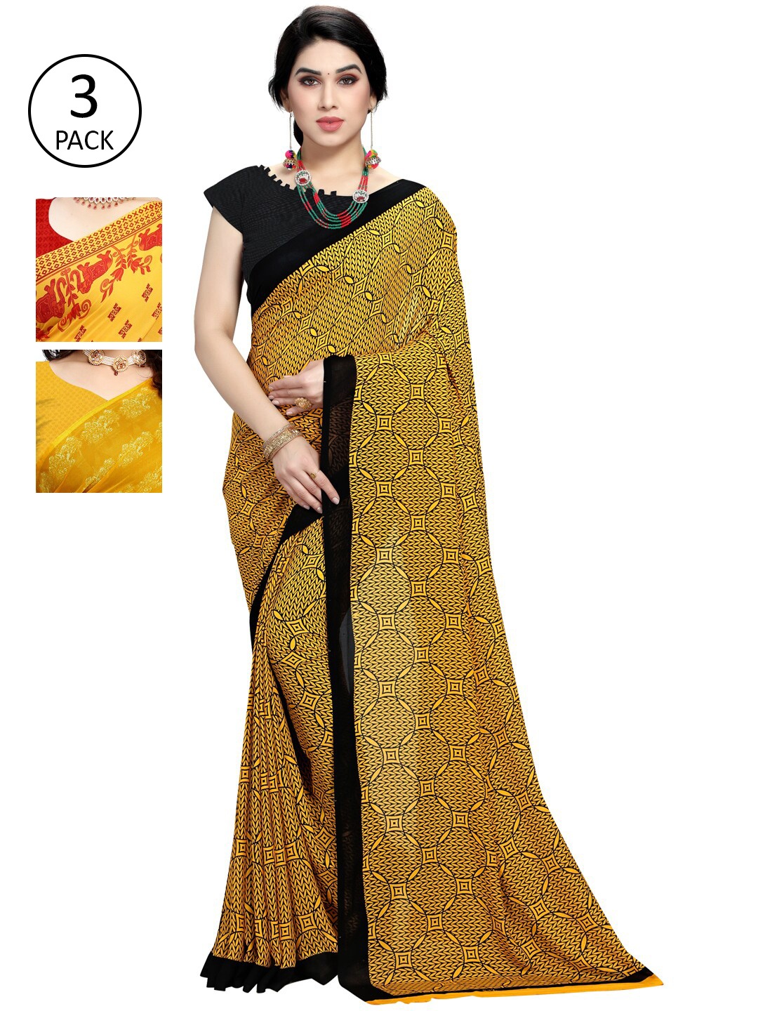 

KALINI Pack Of 3 Yellow & Red Poly Georgette Ethnic Motifs Saree