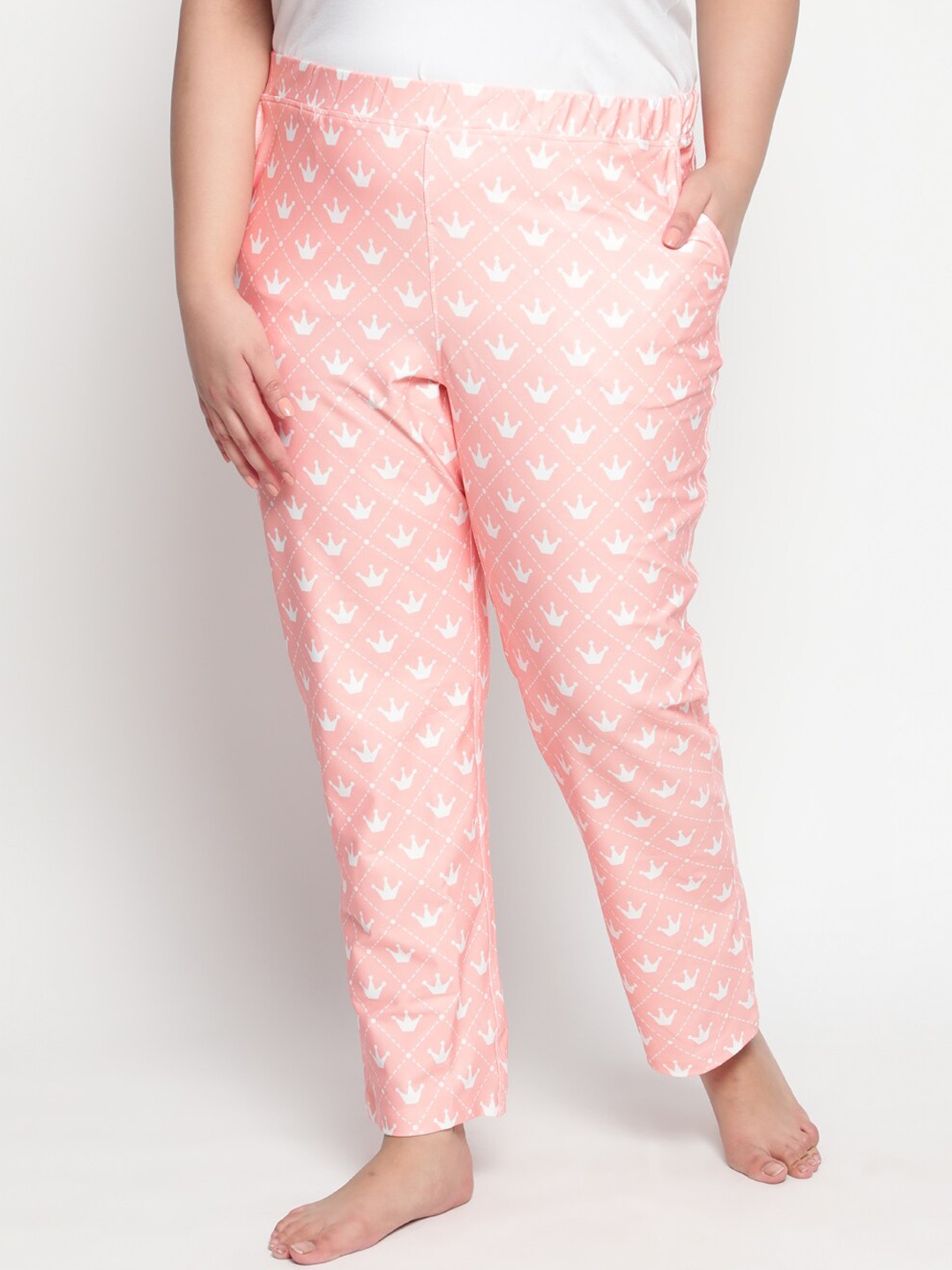 

Amydus Women Plus Size Pink & White Crown Printed Straight-Fit Lounge Pants