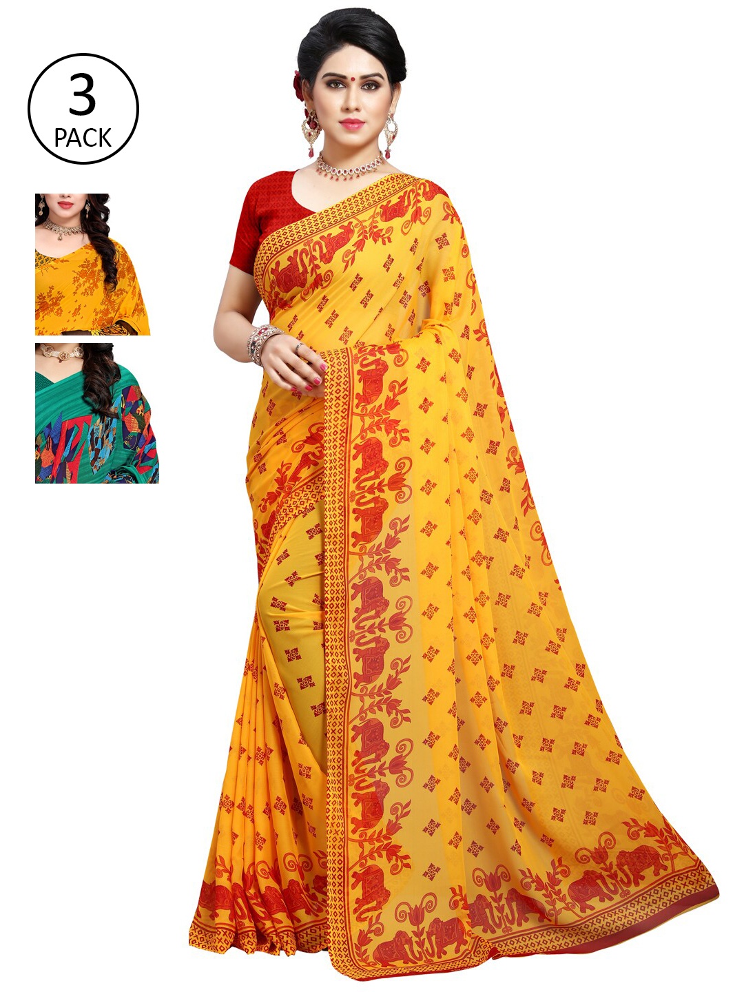 

KALINI Pack of 3 Printed Poly Georgette Saree, Multi