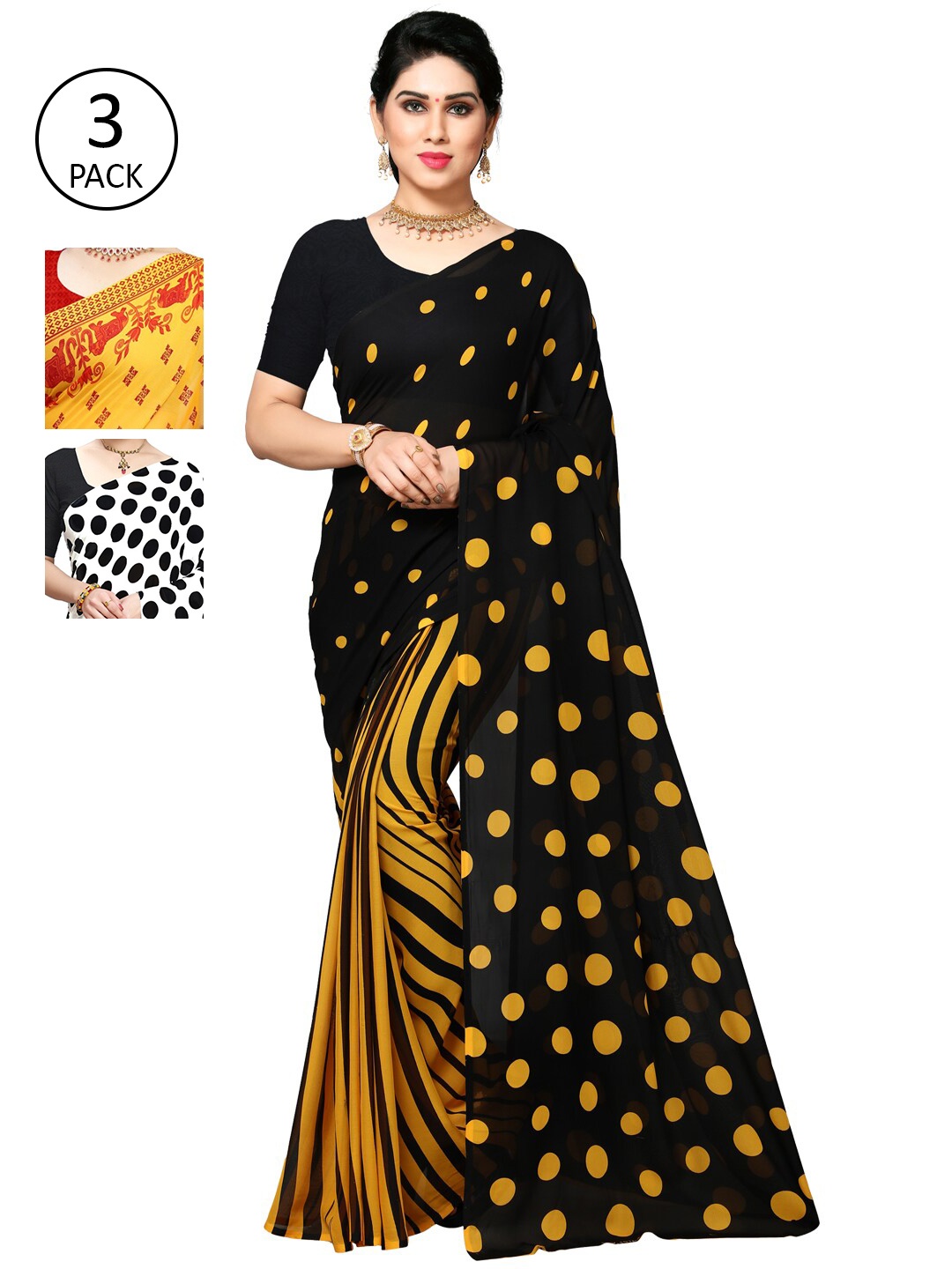 ANAND SAREES Pack of 3 Printed Poly Georgette Saree, Yellow