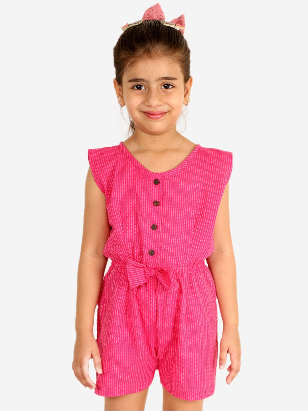 

Chipbeys Girls Pink Striped Cotton Jumpsuit