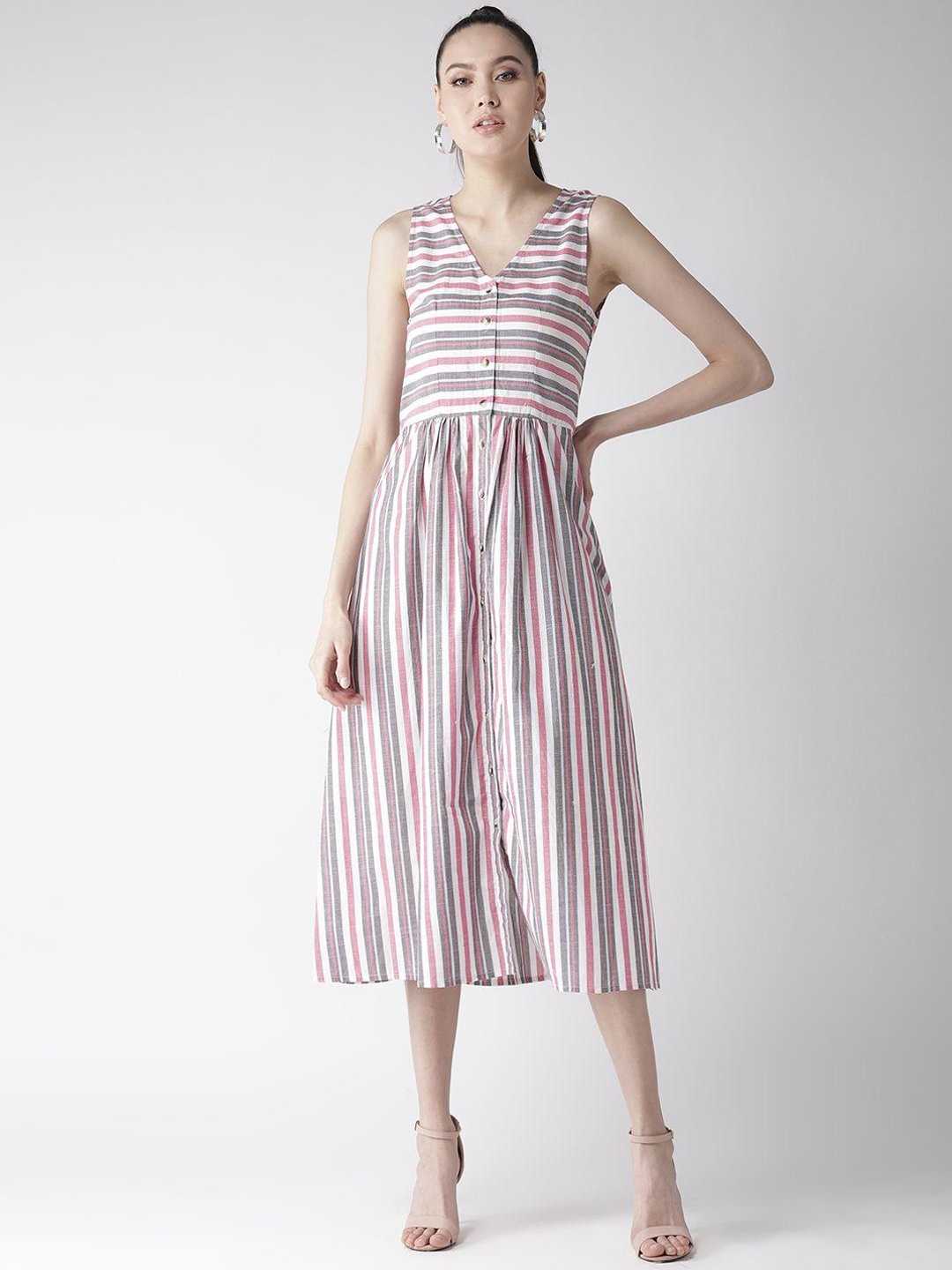 

SCOUP Multicoloured Striped A-Line Midi Dress, Multi