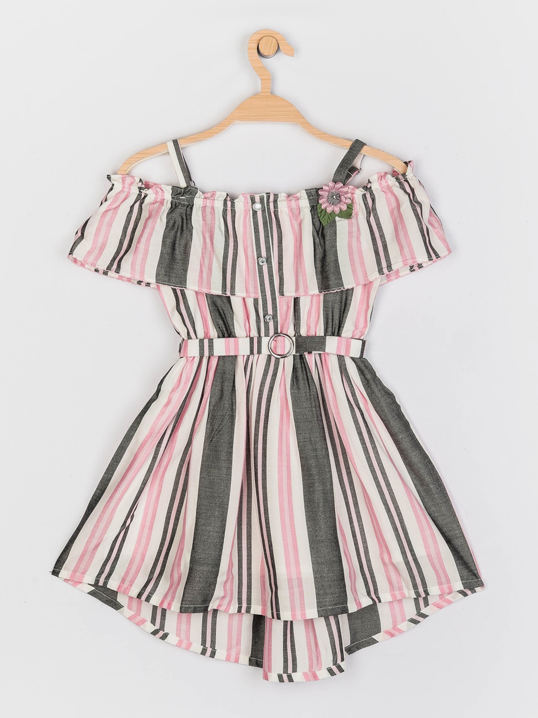 

Peppermint Pink & Grey Striped Off-Shoulder Pure Cotton Fit & Flare Dress
