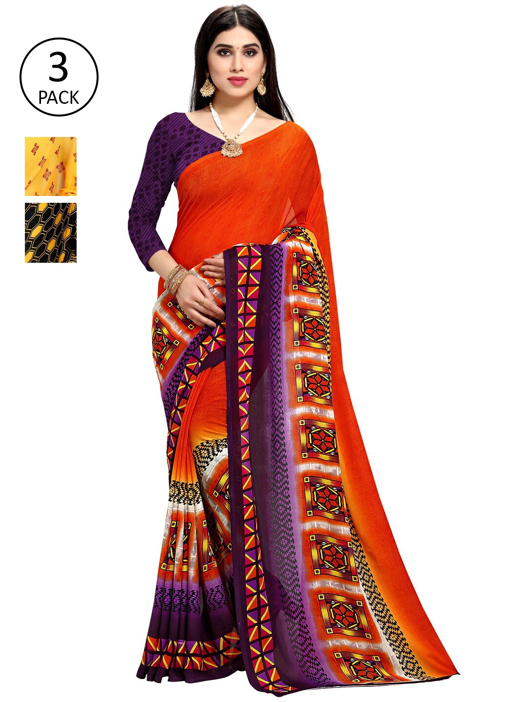 

KALINI Pack Of 3 Poly Georgette Printed Sarees, Orange