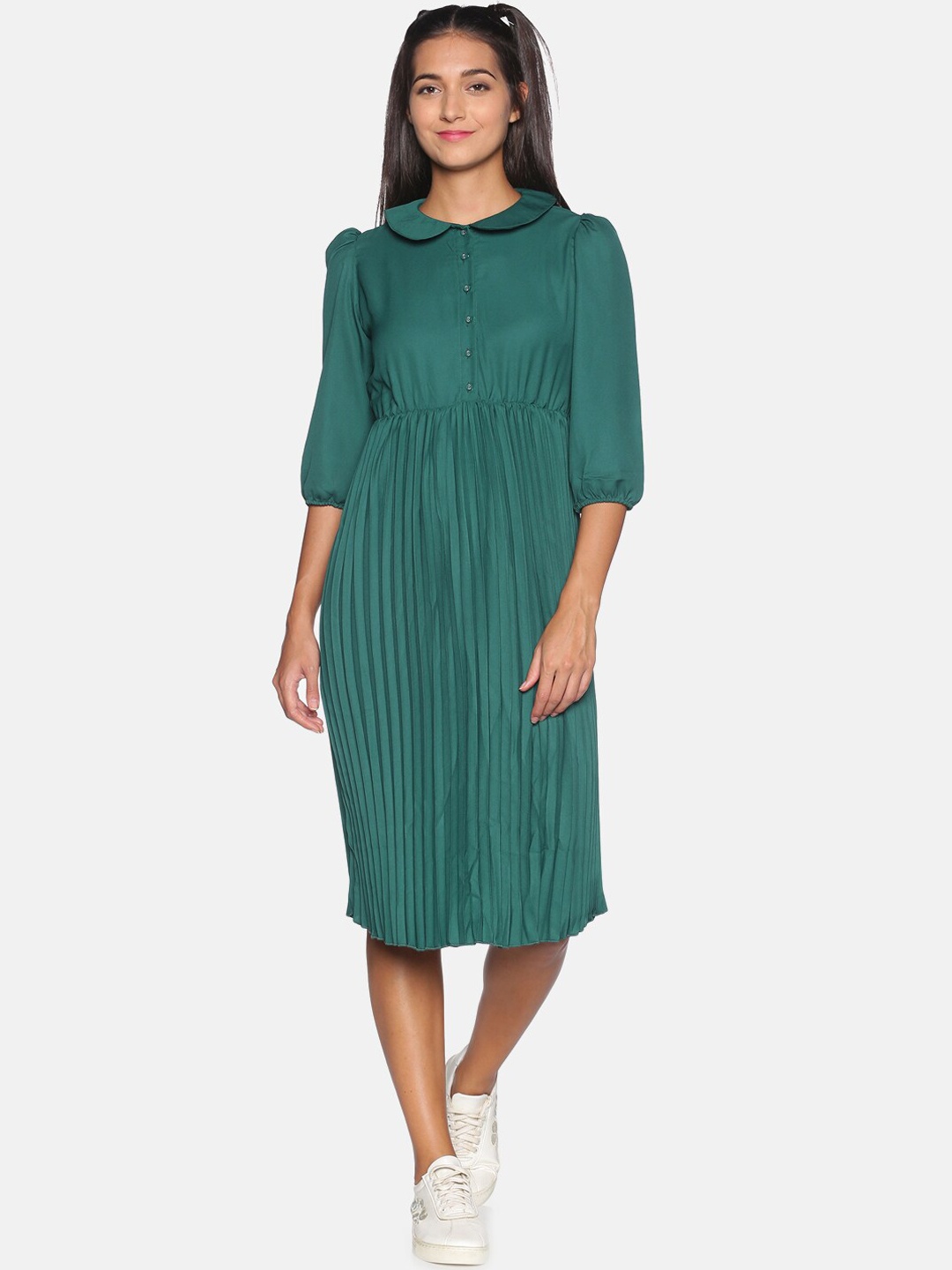 

Campus Sutra Green Striped Crepe A-Line Dress