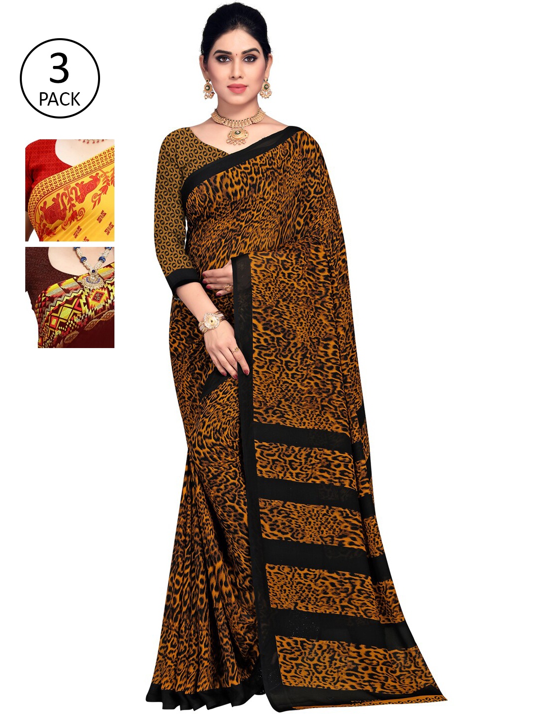 

KALINI Pack Of 3 Yellow & Maroon Ethnic Motifs Saree