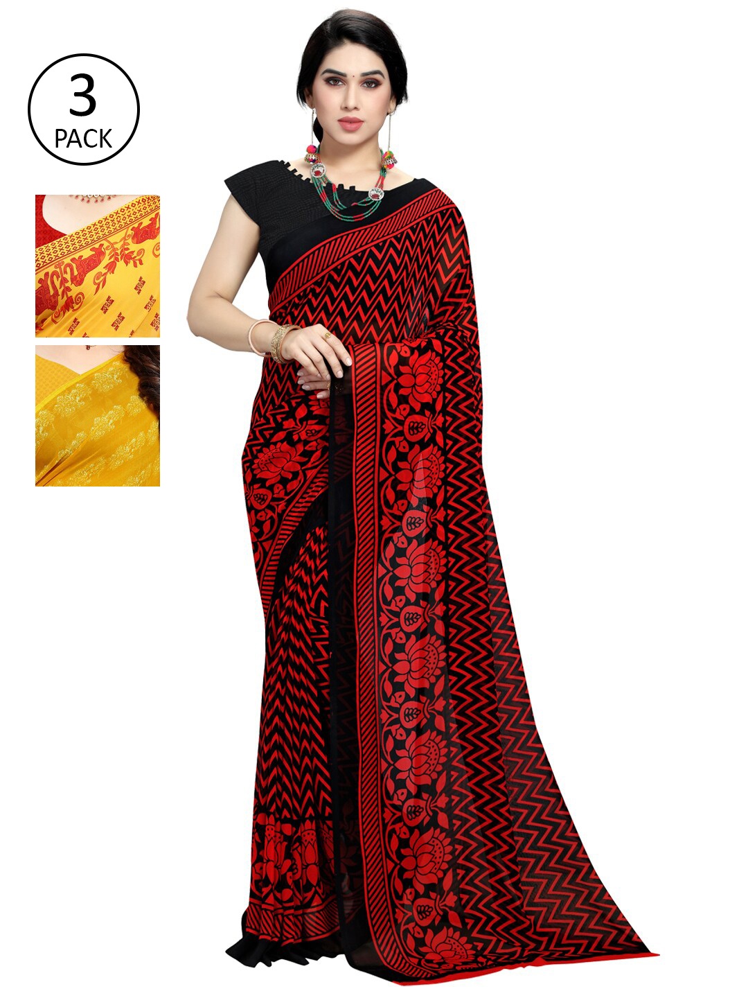 

KALINI Pack of 3 Ethnic Motifs Poly Georgette Saree, Yellow