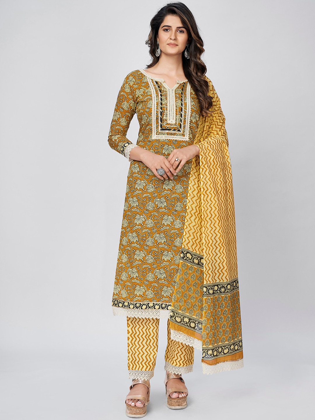 

Vbuyz Women Mustard Ethnic Motifs Printed Kurta with Palazzos & With Dupatta