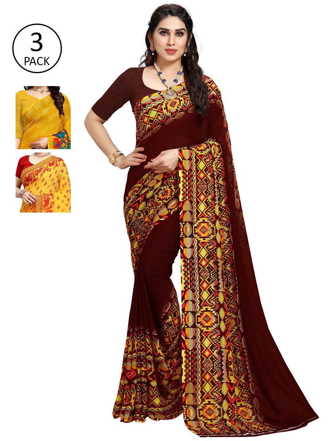 

KALINI Pack Of 3 Yellow & Maroon Saree