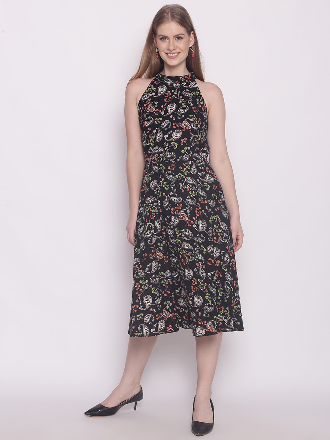 

Zink London Black & White Floral Printed A-Line Midi Dress