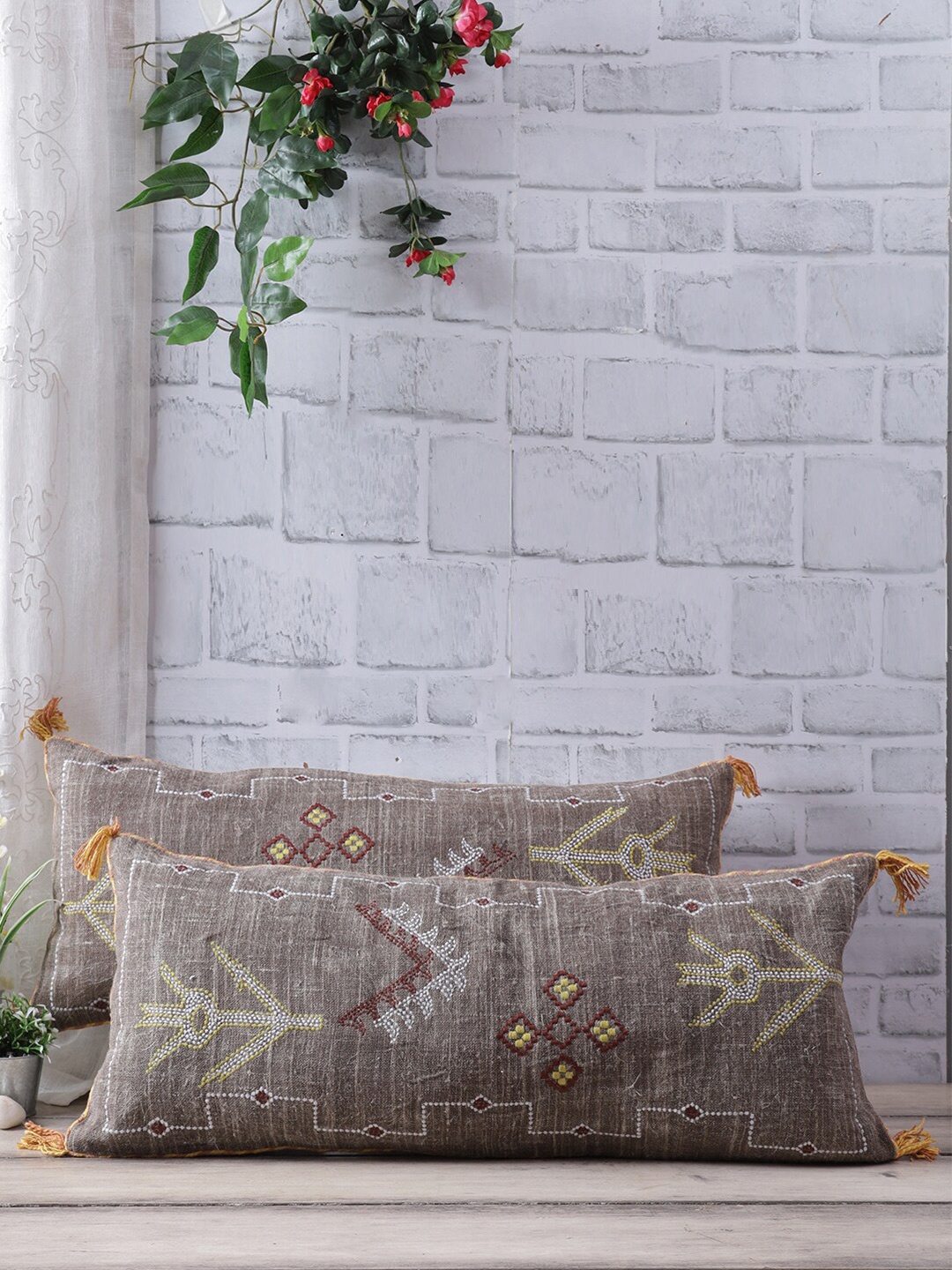 

eyda Grey & Yellow Set of 2 Embroidered Linen Rectangle Cushion Covers
