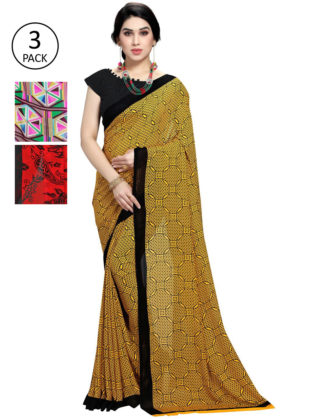 

KALINI Women Pack of 3 Poly Georgette Sarees, Red