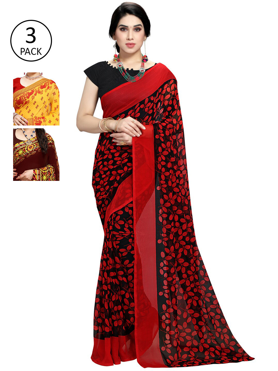 

KALINI Pack of 3 Ethnic Motifs Poly Georgette Saree, Black