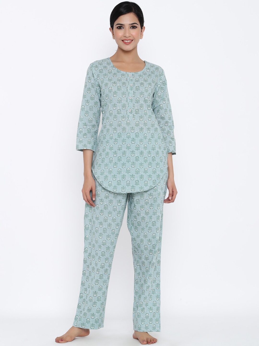 

kipek Women Blue & White Printed Cotton Night Suit