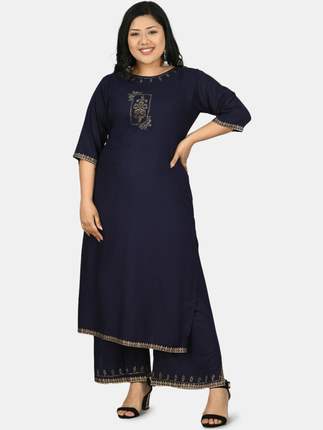 

PrettyPlus by Desinoor.com Women Navy Blue Embellished Kurta With Palazzos