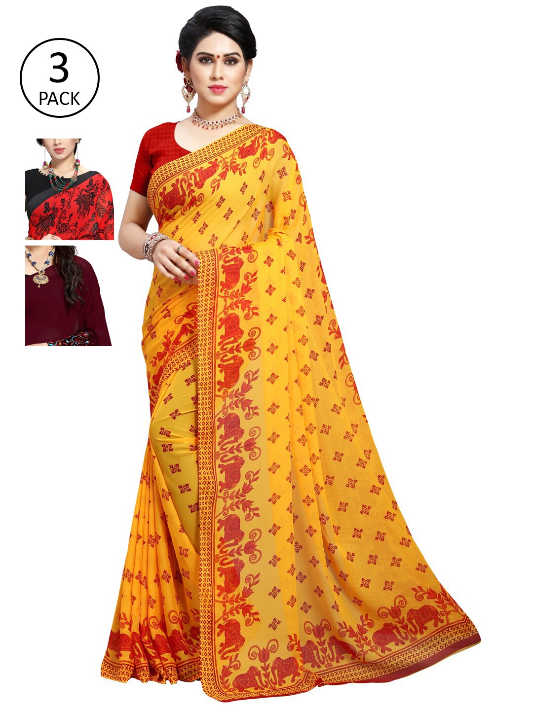 

KALINI Yellow & Red Ethnic Motifs Pack of 3 Saree
