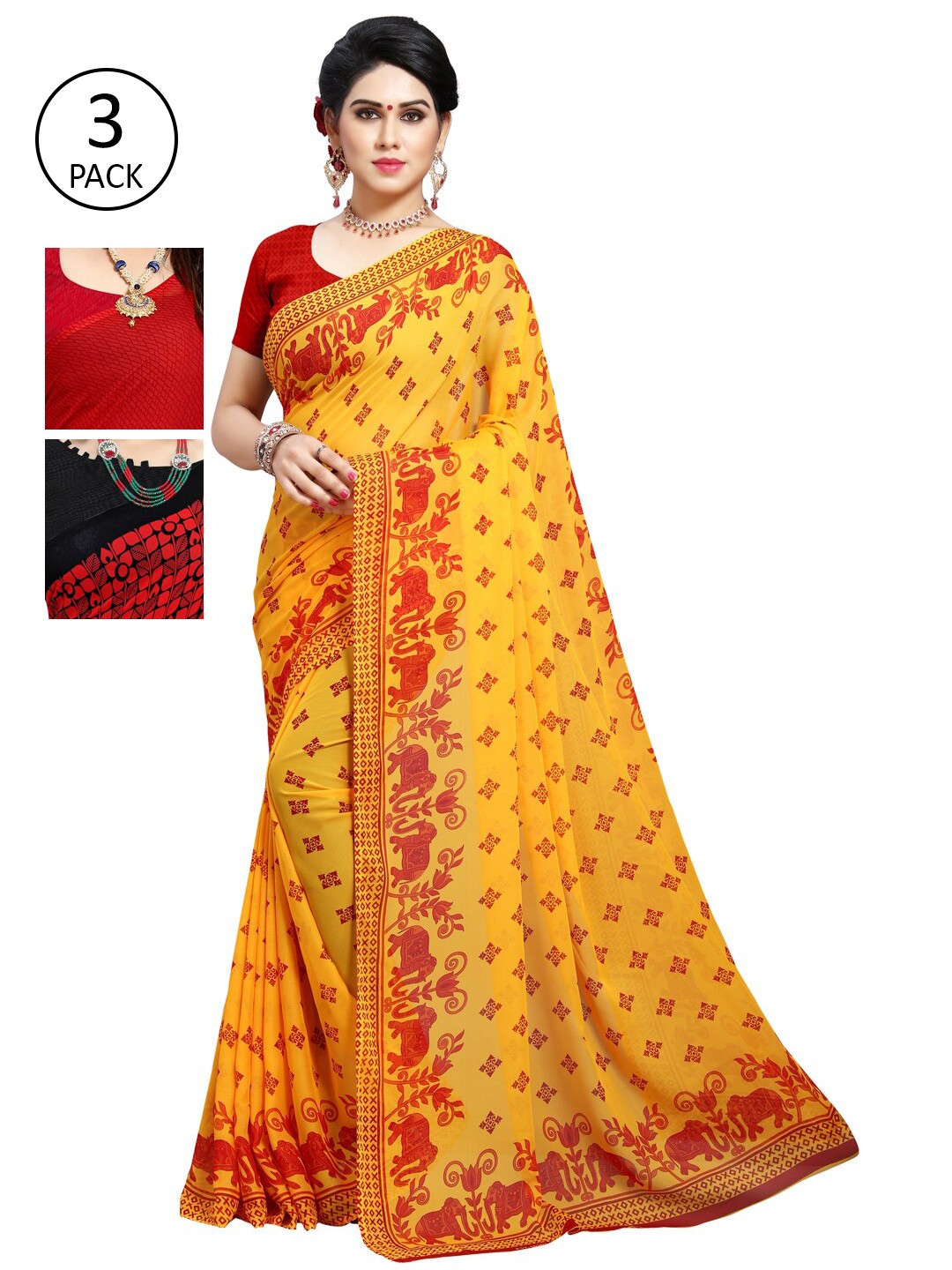 

KALINI Pack Of 3 Ethnic Motifs Sarees, Yellow