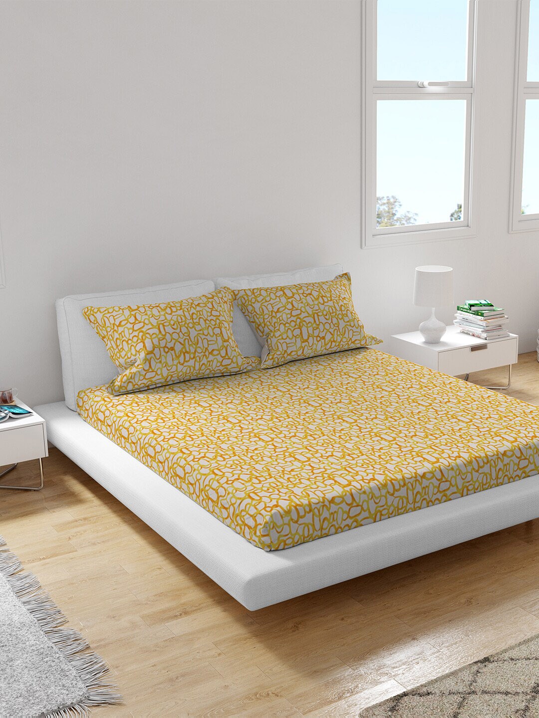 

Himeya White & Yellow 150 TC King Sustainable Bedsheet with 2 Pillow Covers