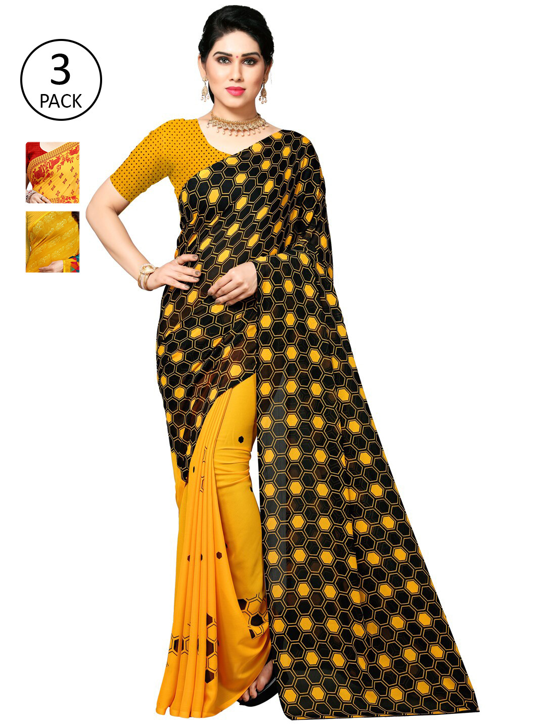 

KALINI Pack Of 3 Yellow & Red Ethnic Motifs Saree