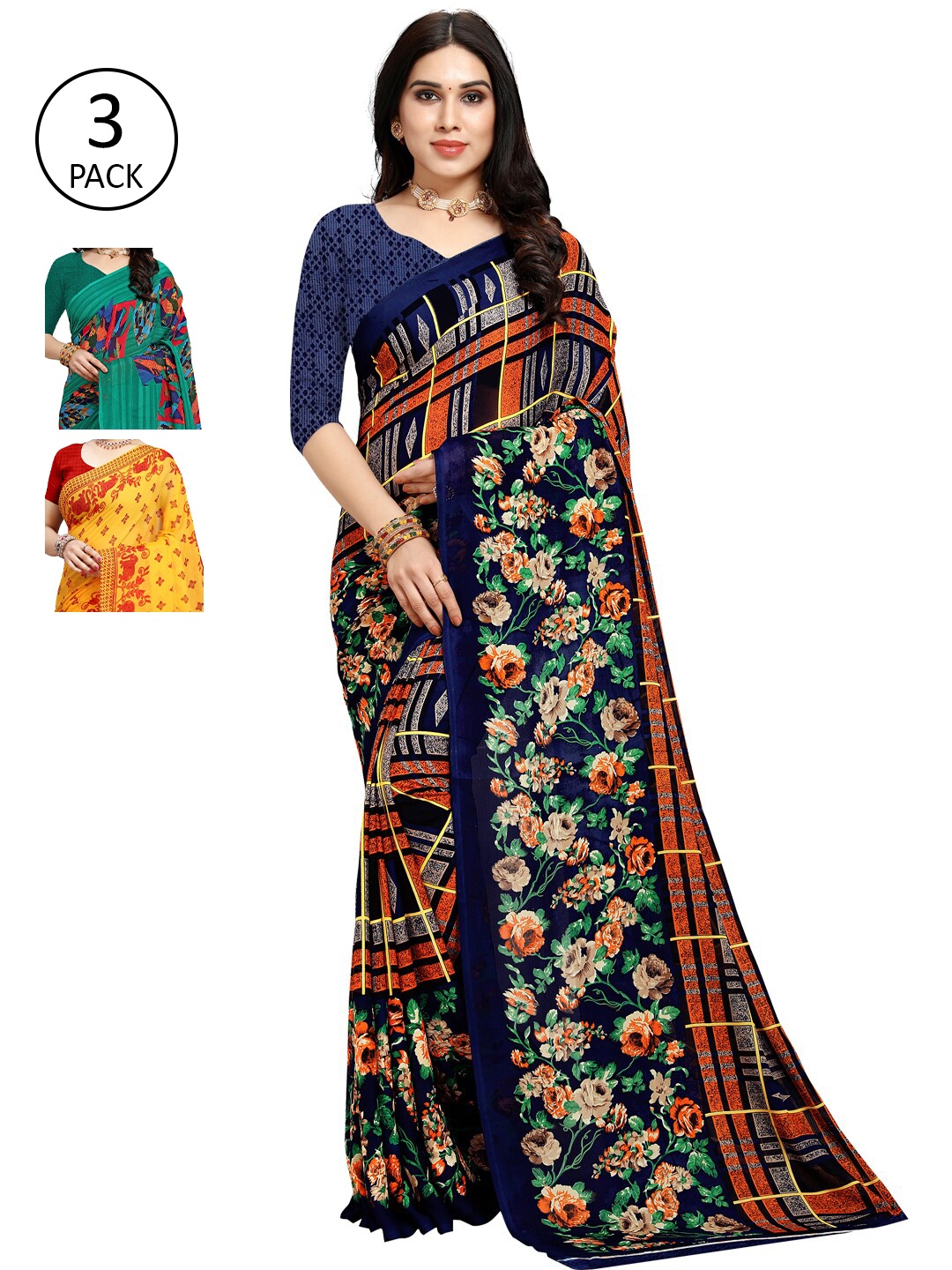 

KALINI Pack Of 3 Floral Sarees, Yellow
