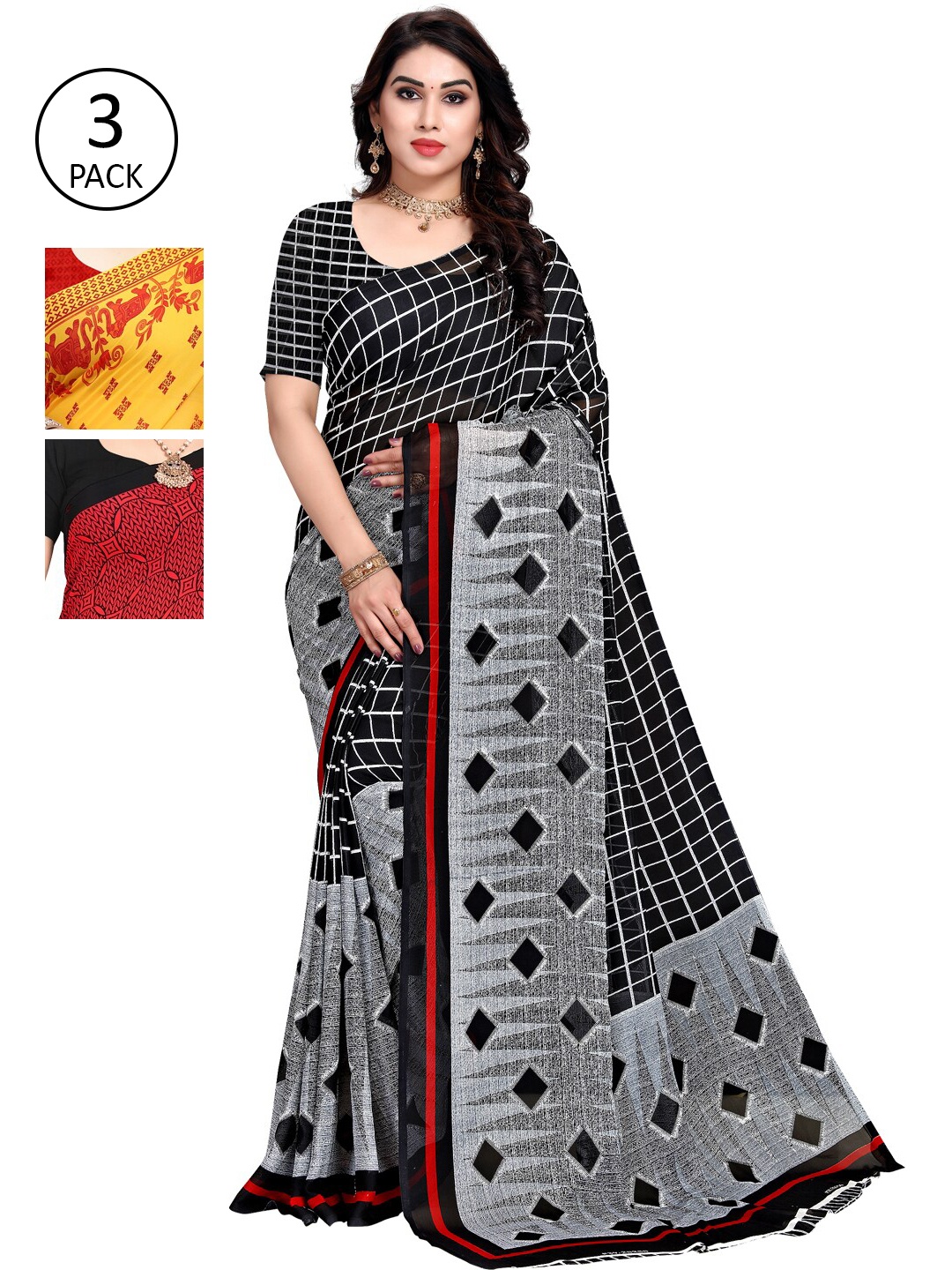 

KALINI Pack Of 3 Yellow & Red Saree