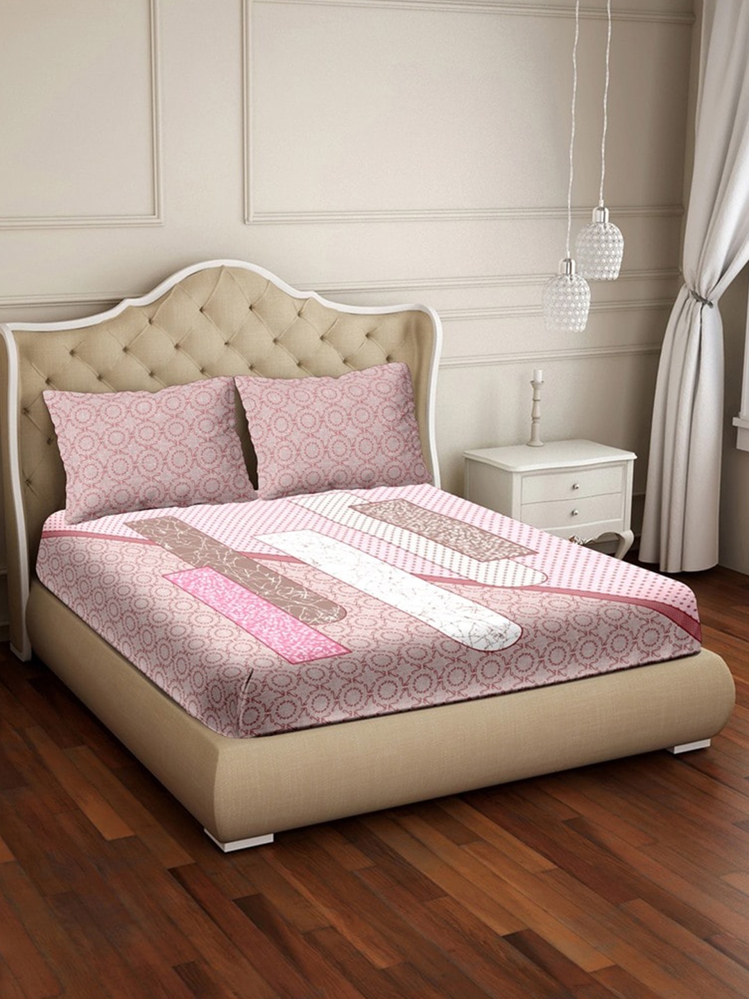 

BELLA CASA Pink & Brown Geometric 250 TC King Bedsheet with 2 Pillow Covers