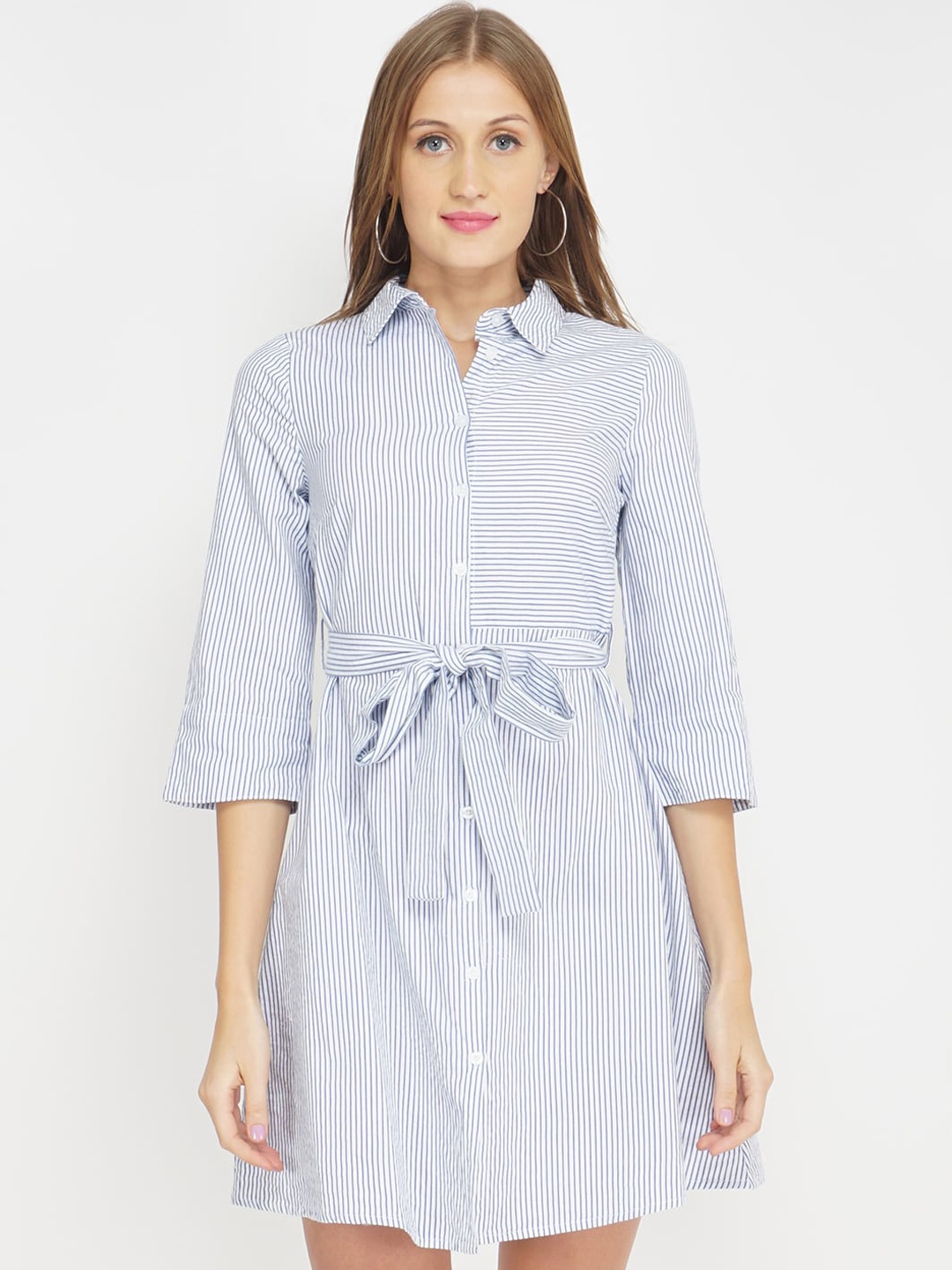 

Oxolloxo Women Blue & White Striped Pure Cotton Shirt Dress