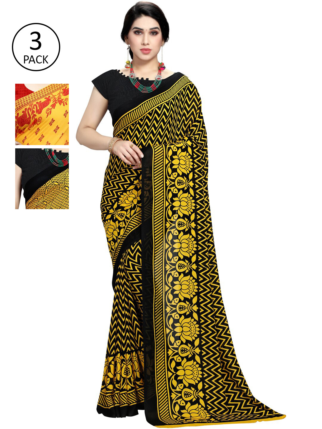 

KALINI Women Pack Of 3 Multi Printed Sarees, Yellow