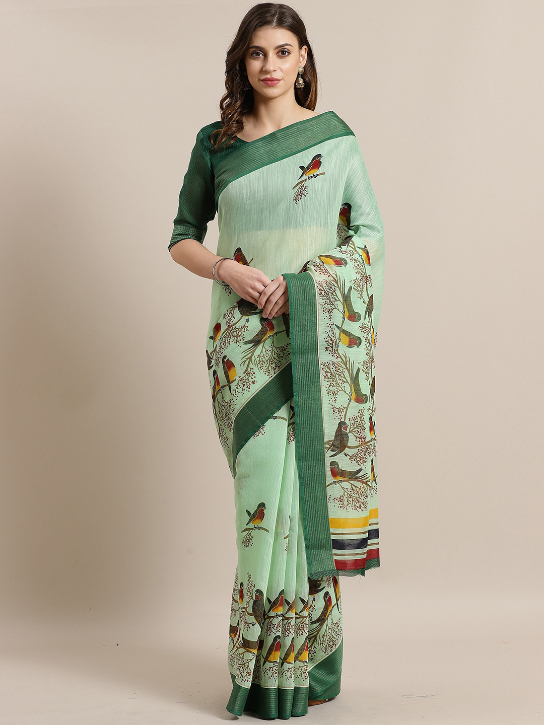 

Saree mall Sea Green Ethnic Motifs Silk Cotton Sarees