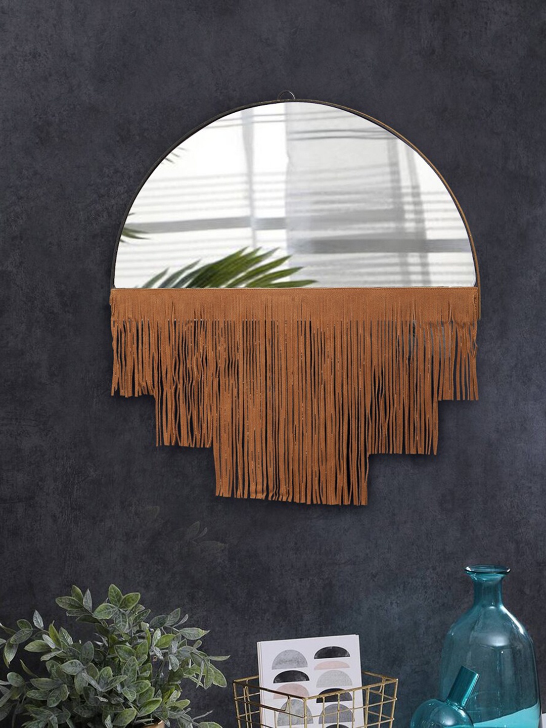 

IMUR Brown Fringed Wall Mirror with Wooden Frame