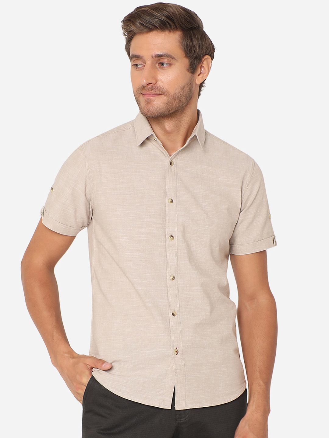

Greenfibre Men Beige Slim Fit Casual Shirt