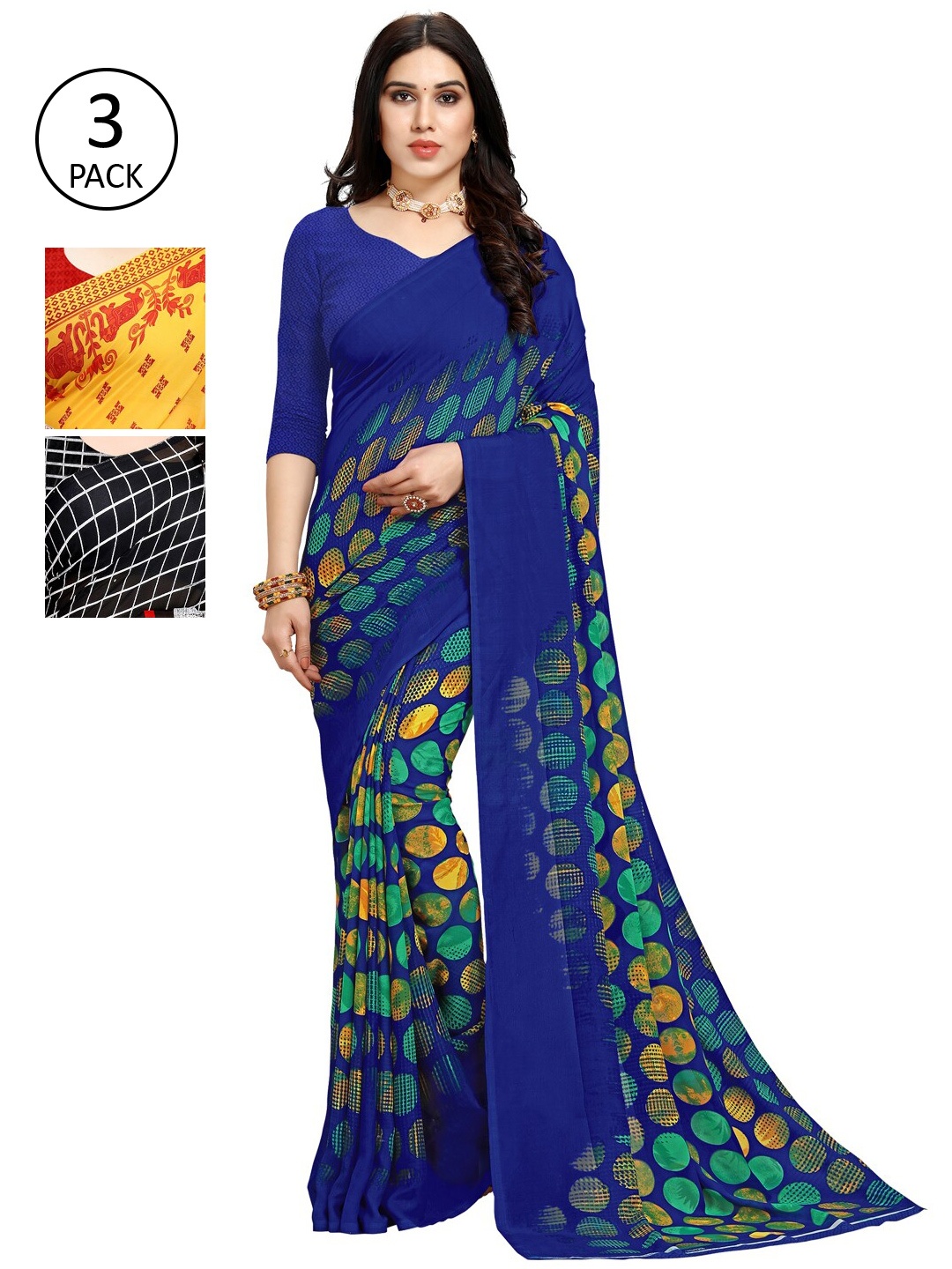 

ANAND SAREES Pack Of 3 Grey & Yellow Ethnic Motifs Saree