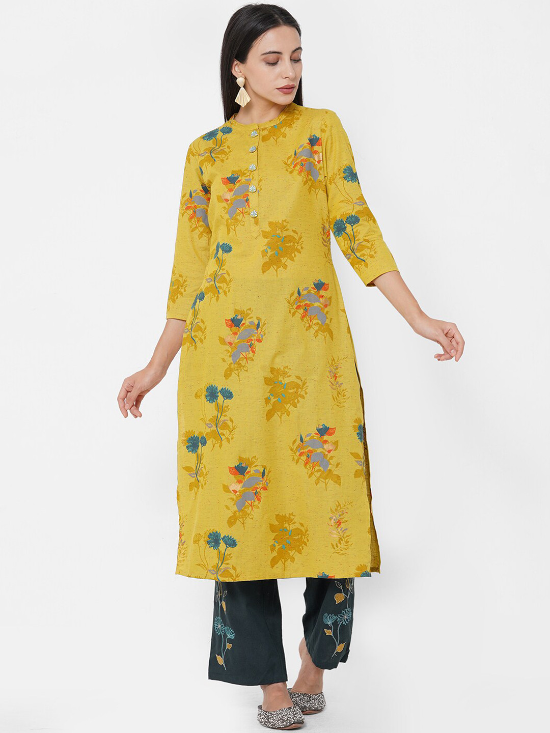

FASHOR Women Mustard Yellow Floral Pure Cotton Kurta with Palazzo