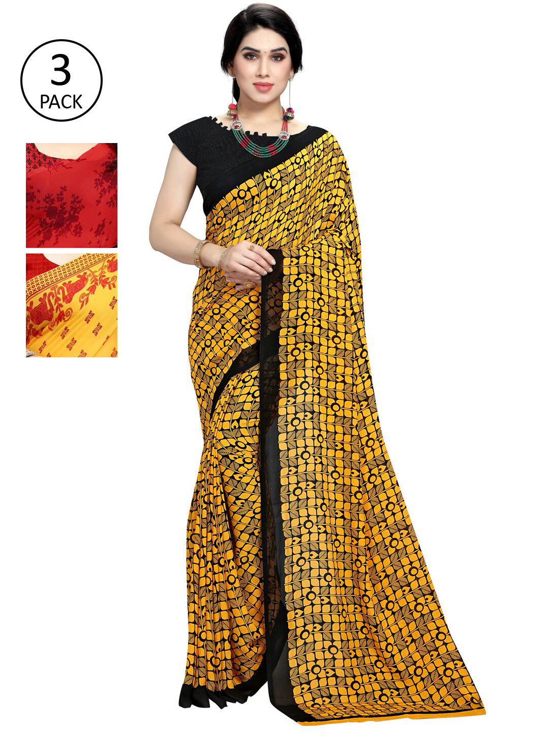 

KALINI Pack of 3 Poly Georgette Sarees, Yellow